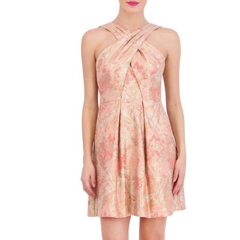 Vince Camuto Jacquard Fit-and-Flare CrissCross Neck Dress Size 10 Coral NWT 188$